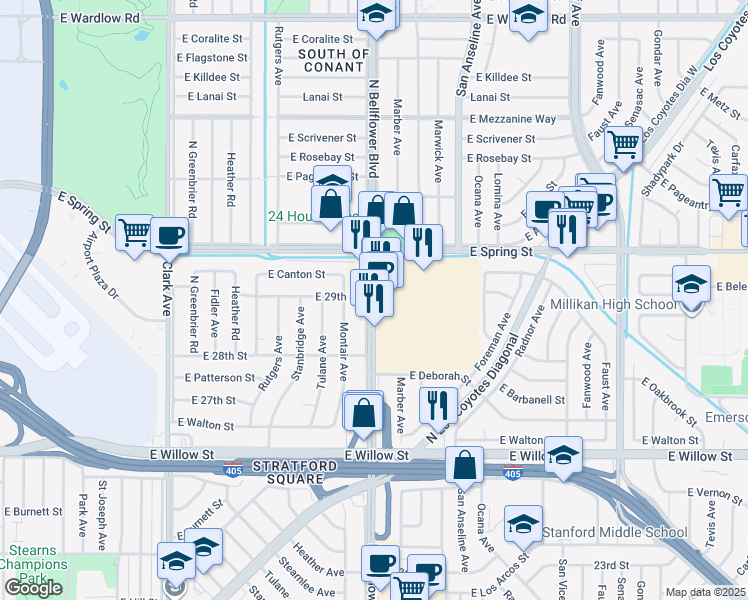 map of restaurants, bars, coffee shops, grocery stores, and more near 2894 North Bellflower Boulevard in Long Beach