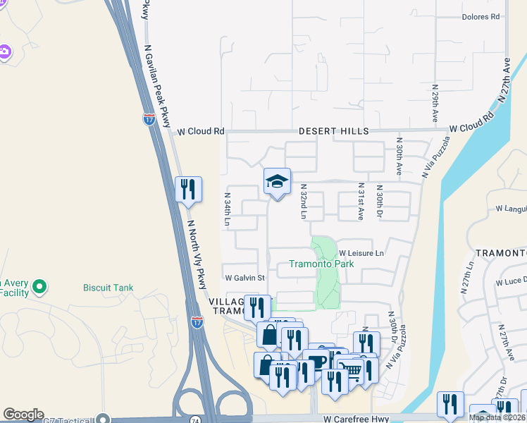 map of restaurants, bars, coffee shops, grocery stores, and more near 3346 West Languid Lane in Phoenix