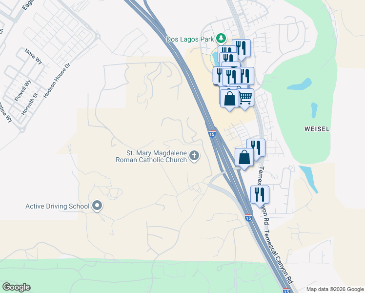 map of restaurants, bars, coffee shops, grocery stores, and more near Nob Hill Road in Corona