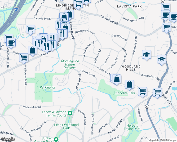map of restaurants, bars, coffee shops, grocery stores, and more near 1331 Lenox Circle Northeast in Atlanta