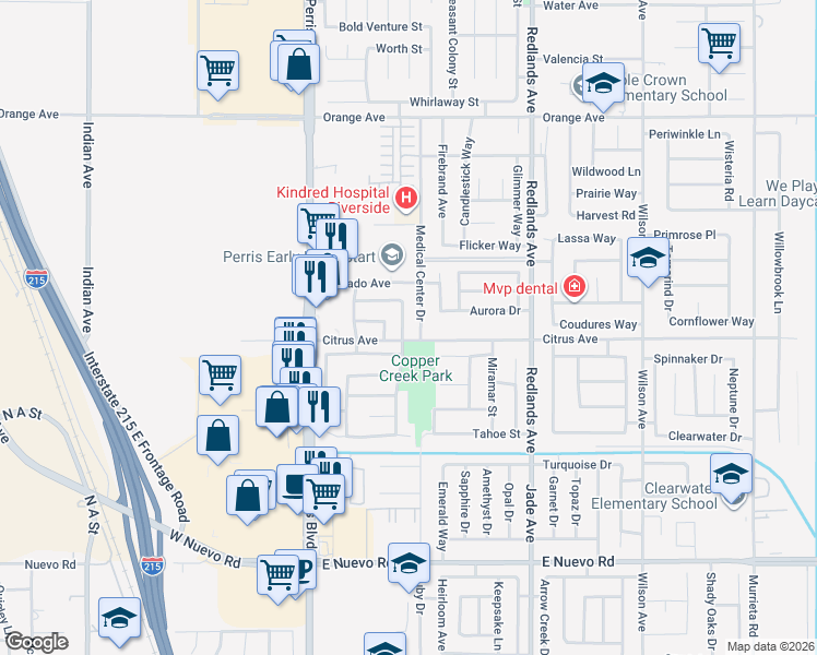 map of restaurants, bars, coffee shops, grocery stores, and more near 2017 Cherrytree Drive in Perris