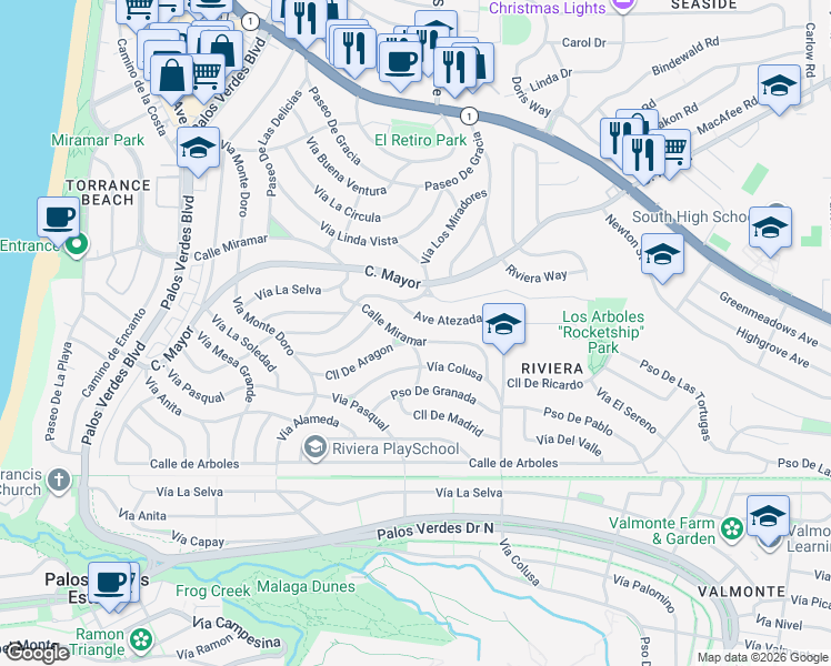 map of restaurants, bars, coffee shops, grocery stores, and more near 845 Calle Miramar in Redondo Beach
