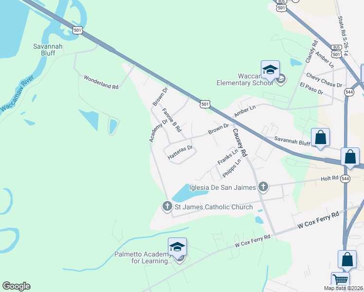 map of restaurants, bars, coffee shops, grocery stores, and more near 116 Hatteras Drive in Conway