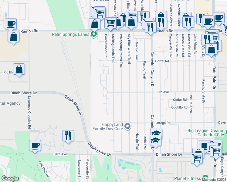 map of restaurants, bars, coffee shops, grocery stores, and more near Shifting Sands Trail in Cathedral City