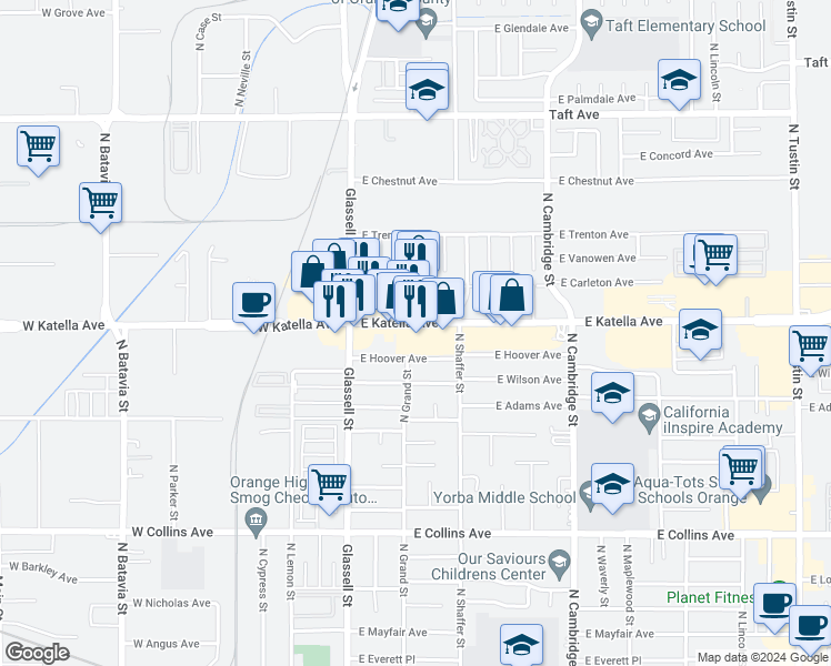 map of restaurants, bars, coffee shops, grocery stores, and more near 320 East Katella Avenue in Orange