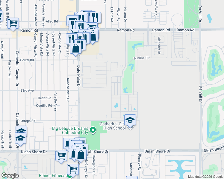 map of restaurants, bars, coffee shops, grocery stores, and more near 1129 Vía Grande in Cathedral City