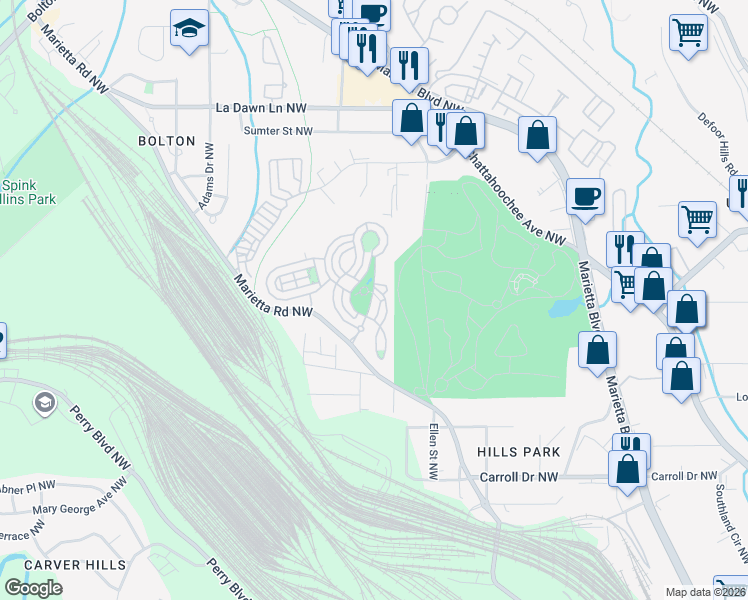 map of restaurants, bars, coffee shops, grocery stores, and more near 1655 Dupont Commons Drive Northwest in Atlanta
