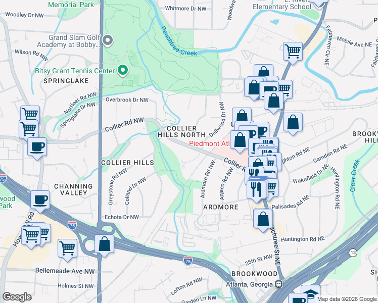 map of restaurants, bars, coffee shops, grocery stores, and more near 1922 Dellwood Drive Northwest in Atlanta