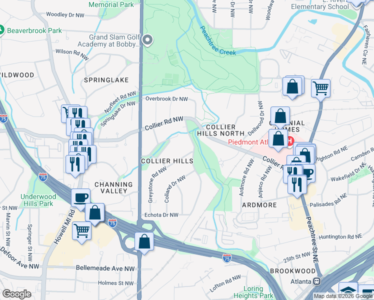 map of restaurants, bars, coffee shops, grocery stores, and more near 1951 Greystone Road Northwest in Atlanta