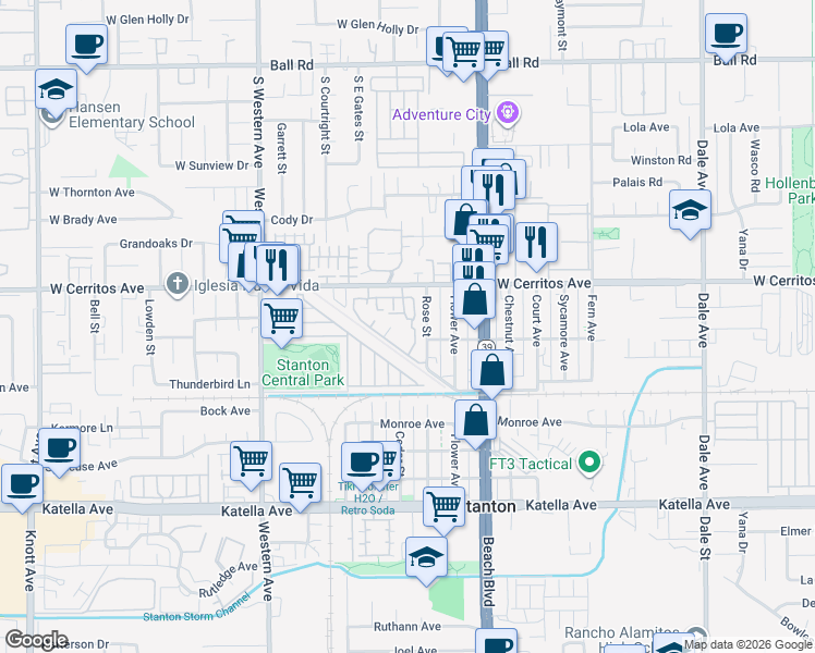 map of restaurants, bars, coffee shops, grocery stores, and more near 10609 Braeswood Way in Stanton