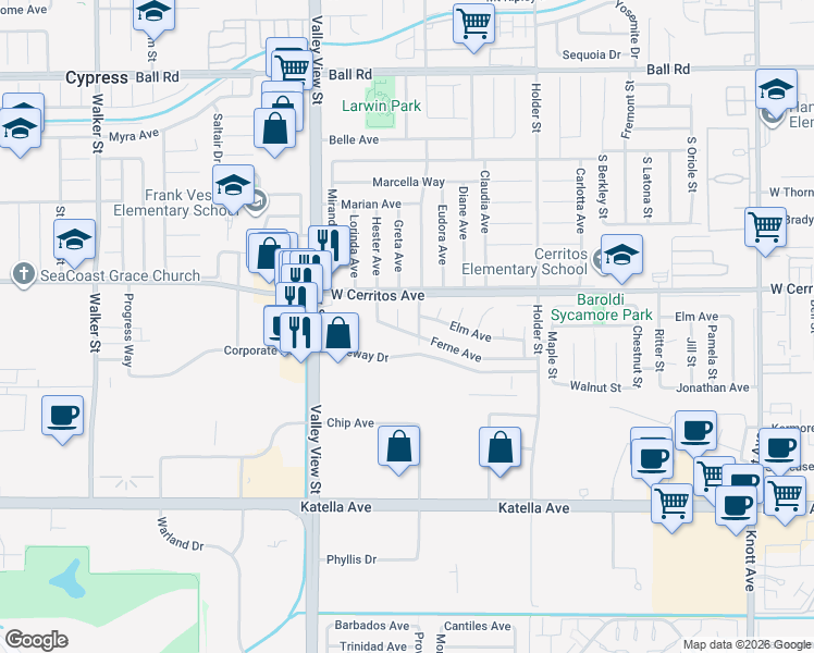 map of restaurants, bars, coffee shops, grocery stores, and more near 6212 Ferne Avenue in Cypress