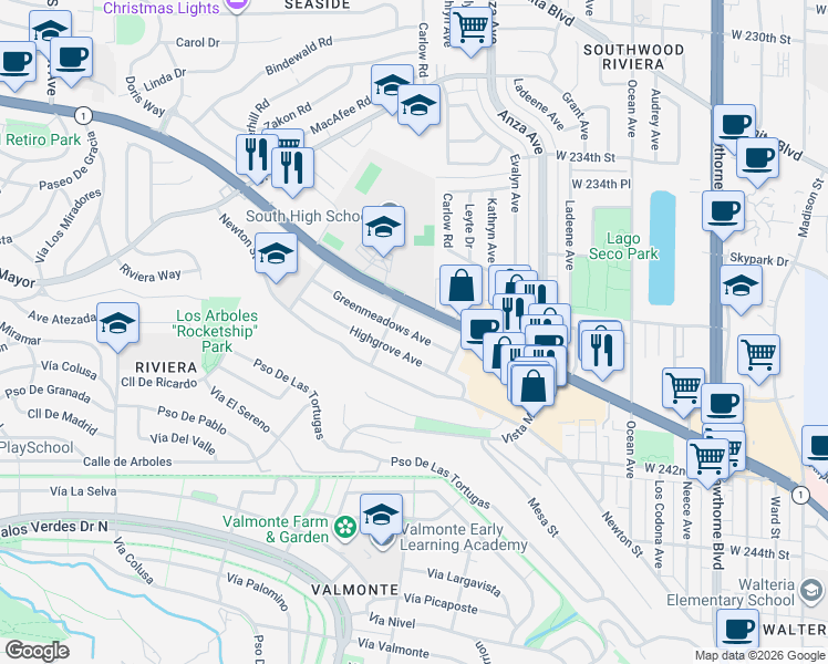 map of restaurants, bars, coffee shops, grocery stores, and more near 4527 Highgrove Avenue in Torrance