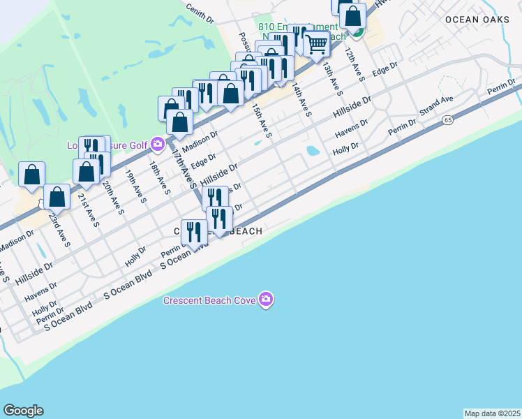 map of restaurants, bars, coffee shops, grocery stores, and more near 1519 South Ocean Boulevard in North Myrtle Beach