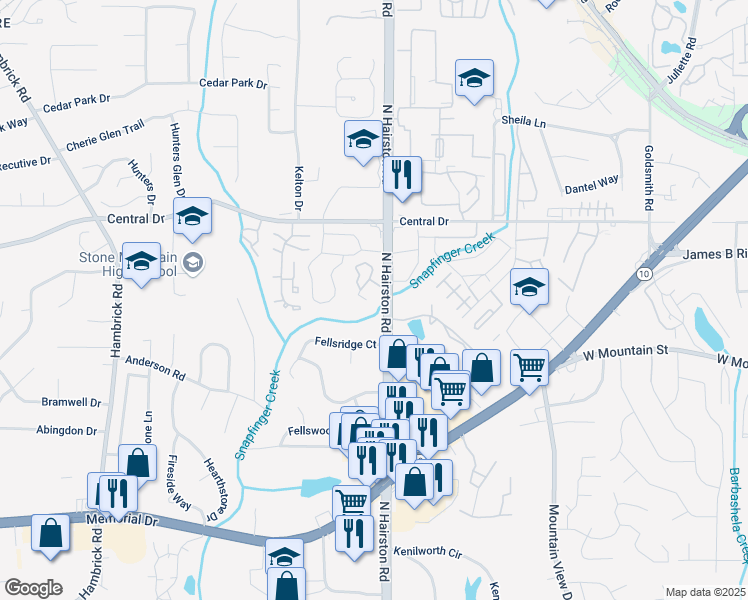 map of restaurants, bars, coffee shops, grocery stores, and more near 1022 Mariners Court in Stone Mountain