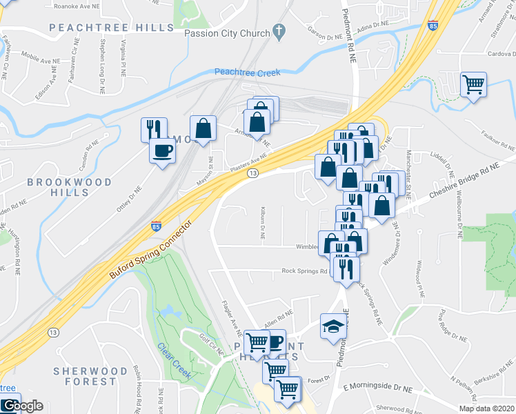 map of restaurants, bars, coffee shops, grocery stores, and more near 1984 Kilburn Drive Northeast in Atlanta