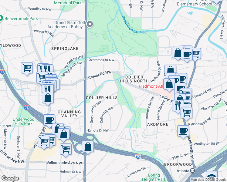 map of restaurants, bars, coffee shops, grocery stores, and more near 1951 Greystone Road Northwest in Atlanta