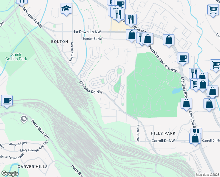 map of restaurants, bars, coffee shops, grocery stores, and more near 1533 Gilstrap Lane Northwest in Atlanta