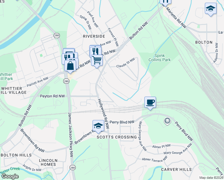 map of restaurants, bars, coffee shops, grocery stores, and more near 1956 Main Street Northwest in Atlanta