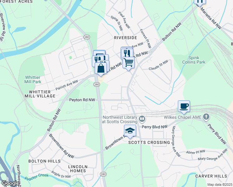 map of restaurants, bars, coffee shops, grocery stores, and more near 2632 Oakdale Street Northwest in Atlanta