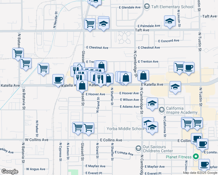 map of restaurants, bars, coffee shops, grocery stores, and more near 438 East Katella Avenue in Orange