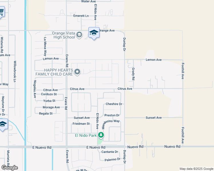 map of restaurants, bars, coffee shops, grocery stores, and more near 1407 Giosetta Street in Perris