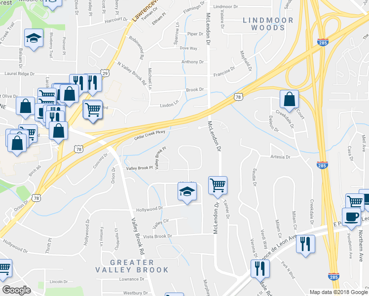 map of restaurants, bars, coffee shops, grocery stores, and more near 1061 Greenbriar Circle in Decatur