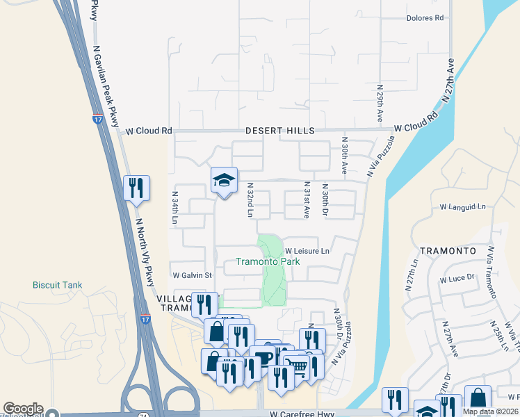 map of restaurants, bars, coffee shops, grocery stores, and more near 3211 West Languid Lane in Phoenix