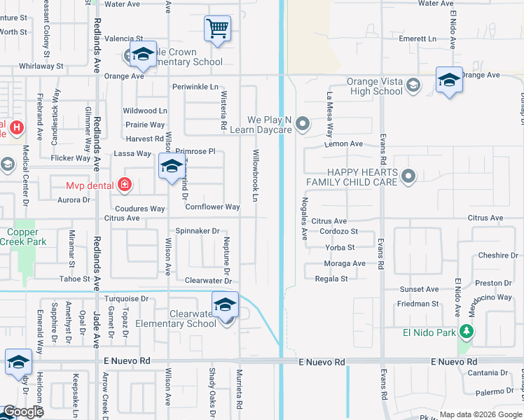map of restaurants, bars, coffee shops, grocery stores, and more near 2063 Willowbrook Lane in Perris