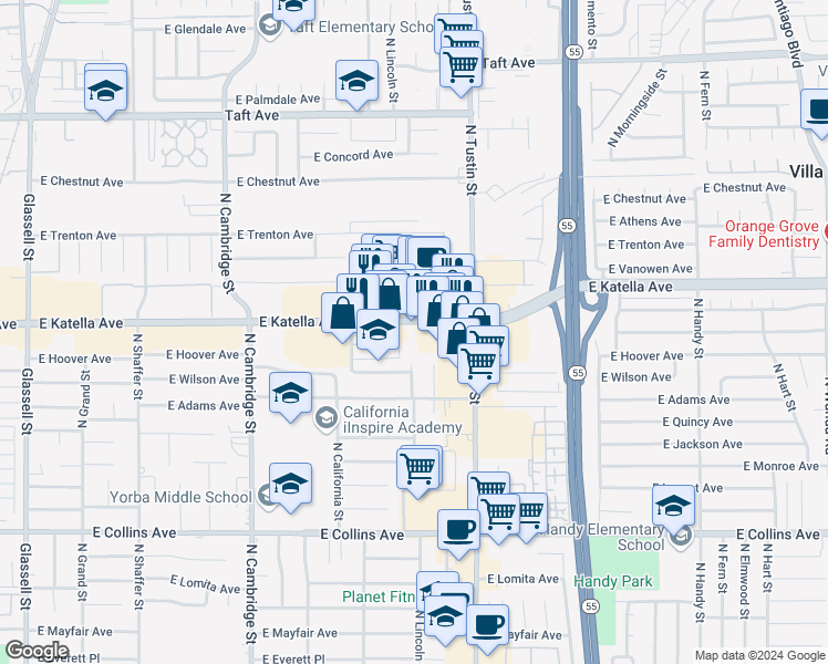 map of restaurants, bars, coffee shops, grocery stores, and more near 1500 East Katella Avenue in Orange