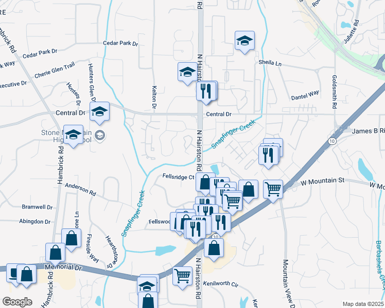 map of restaurants, bars, coffee shops, grocery stores, and more near 1022 Mariners Court in Stone Mountain