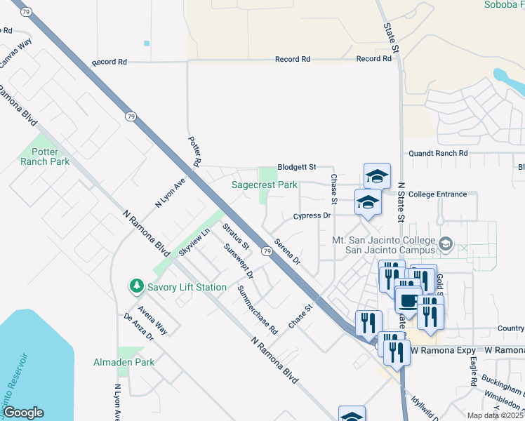 map of restaurants, bars, coffee shops, grocery stores, and more near 1620 Cortina Drive in San Jacinto