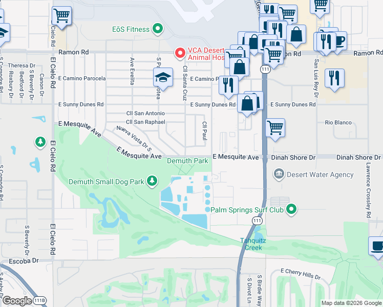 map of restaurants, bars, coffee shops, grocery stores, and more near 4375 East Mesquite Avenue in Palm Springs