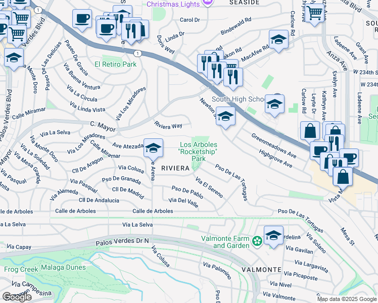 map of restaurants, bars, coffee shops, grocery stores, and more near 5602 Vía Del Collado in Torrance