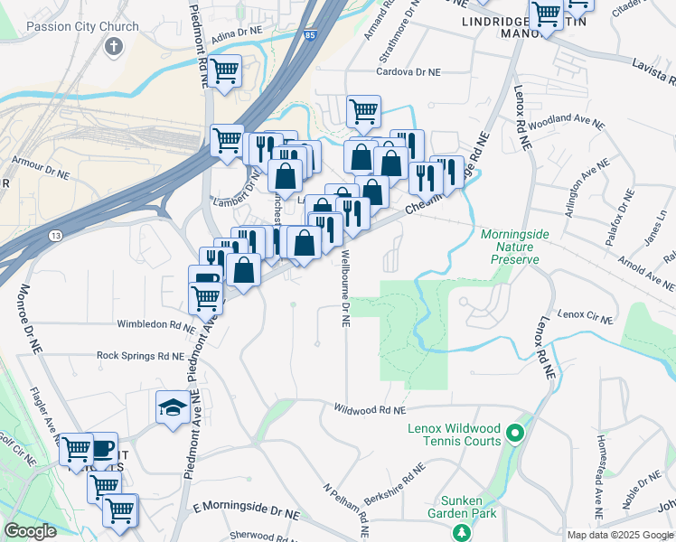 map of restaurants, bars, coffee shops, grocery stores, and more near 1984 Wellbourne Drive Northeast in Atlanta