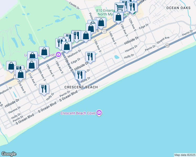 map of restaurants, bars, coffee shops, grocery stores, and more near 1519 South Ocean Boulevard in North Myrtle Beach