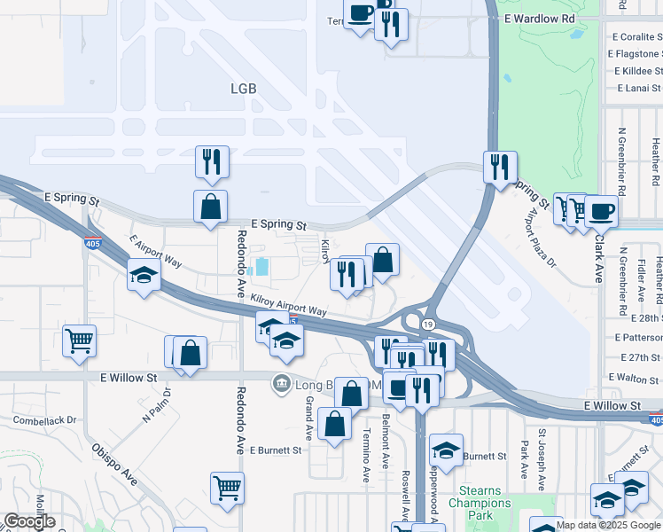 map of restaurants, bars, coffee shops, grocery stores, and more near 3760 Kilroy Airport Way in Long Beach