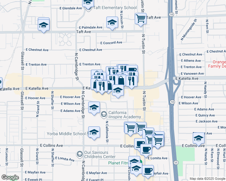 map of restaurants, bars, coffee shops, grocery stores, and more near 1230 East Katella Avenue in Orange