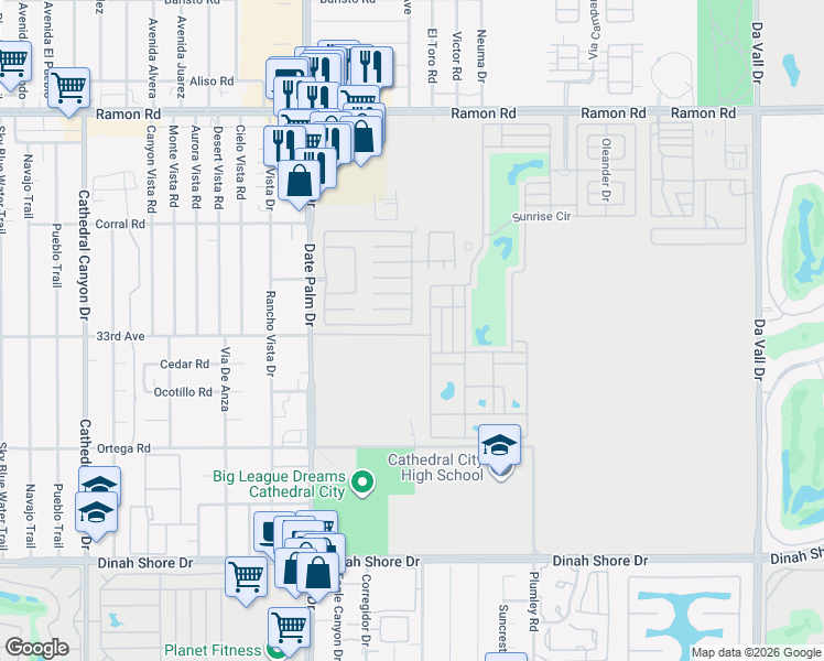 map of restaurants, bars, coffee shops, grocery stores, and more near 1129 Vía Grande in Cathedral City
