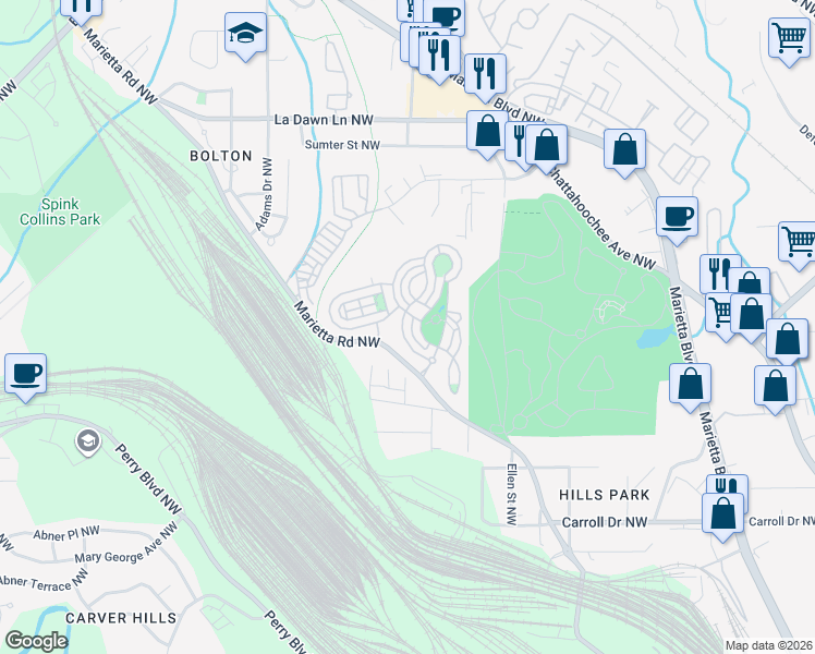 map of restaurants, bars, coffee shops, grocery stores, and more near 1533 Gilstrap Lane Northwest in Atlanta