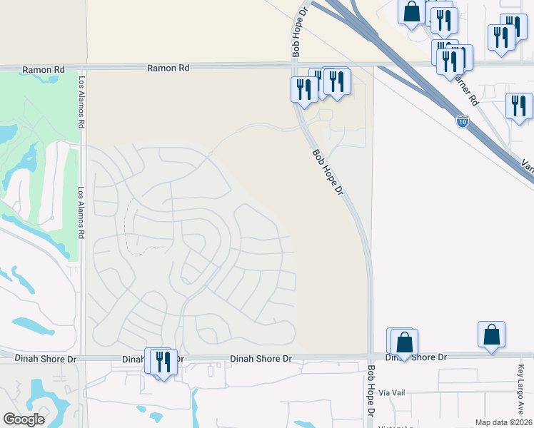 map of restaurants, bars, coffee shops, grocery stores, and more near 2491 Bob Hope Drive in Rancho Mirage