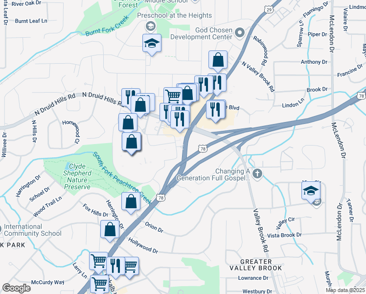 map of restaurants, bars, coffee shops, grocery stores, and more near 2050 Lawrenceville Highway in Decatur