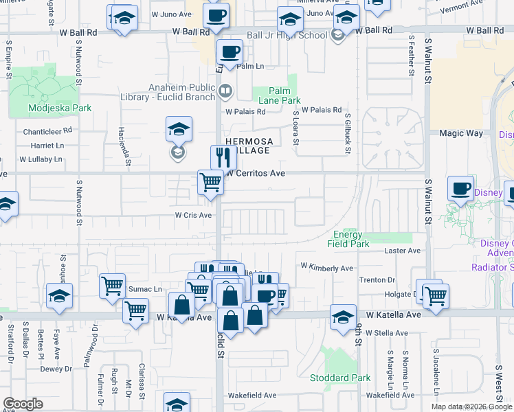 map of restaurants, bars, coffee shops, grocery stores, and more near 1644 West Cris Avenue in Anaheim