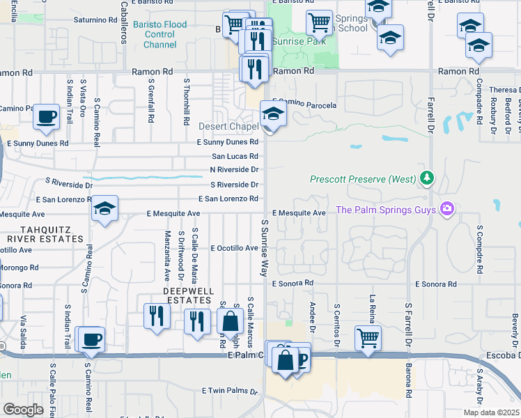 map of restaurants, bars, coffee shops, grocery stores, and more near 1000 South Cll Marcus in Palm Springs