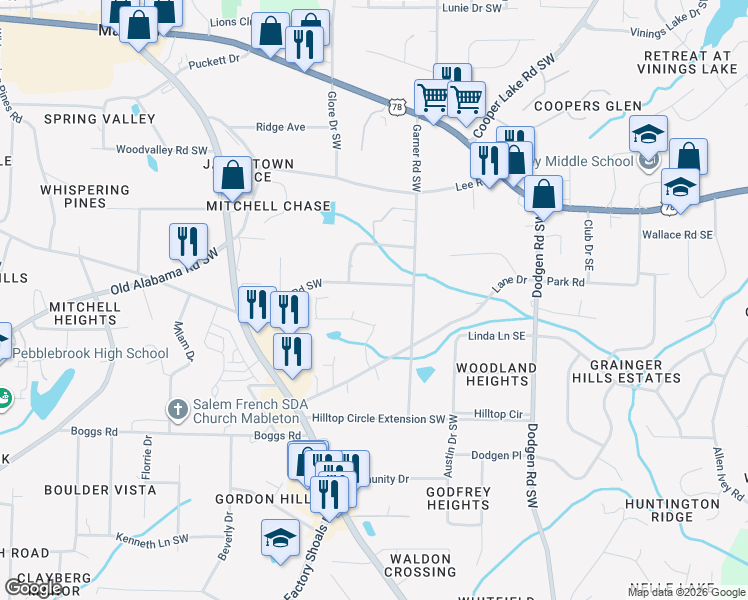 map of restaurants, bars, coffee shops, grocery stores, and more near 399 Gresham Road in Mableton