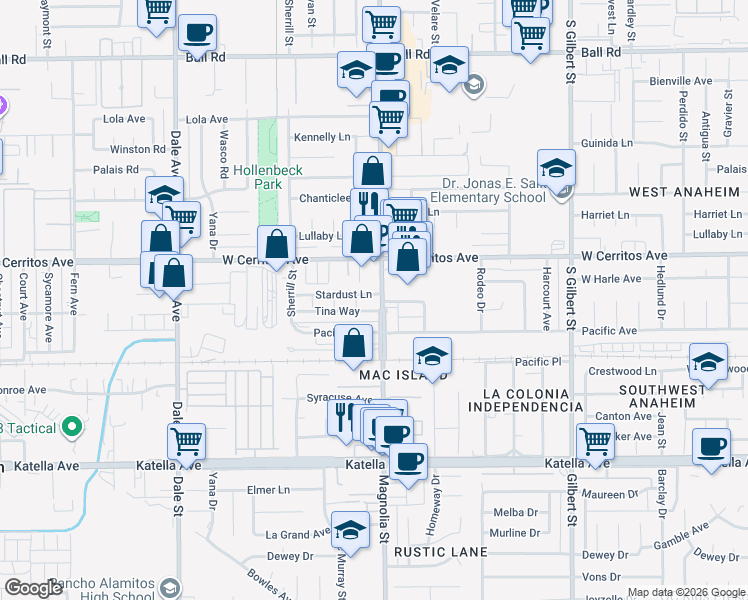 map of restaurants, bars, coffee shops, grocery stores, and more near 10601 Magnolia Avenue in Anaheim