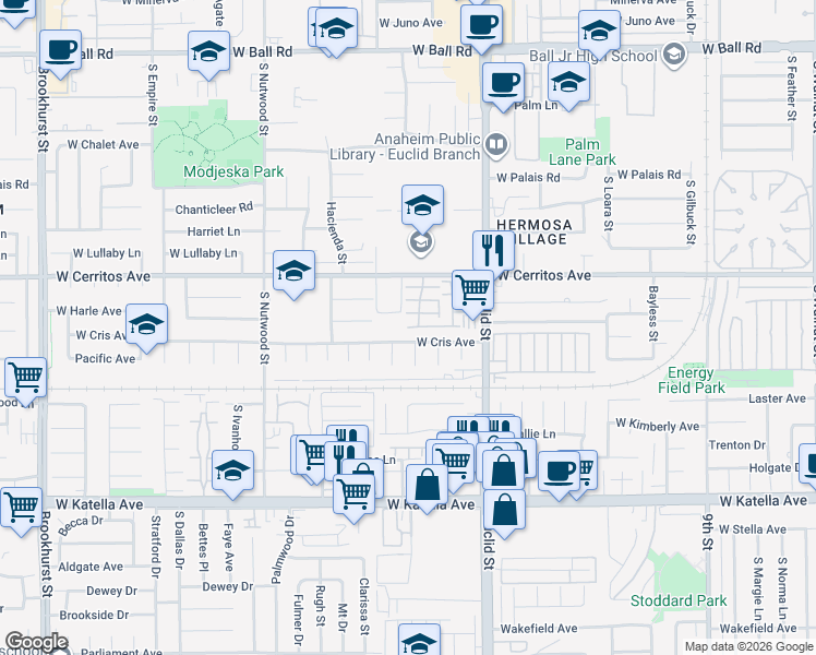 map of restaurants, bars, coffee shops, grocery stores, and more near 1700 West Cerritos Avenue in Anaheim