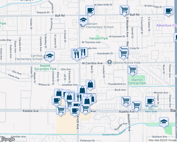 map of restaurants, bars, coffee shops, grocery stores, and more near 10600 Knott Avenue in Stanton