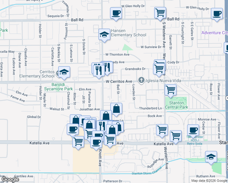 map of restaurants, bars, coffee shops, grocery stores, and more near 7100 West Cerritos Avenue in Stanton