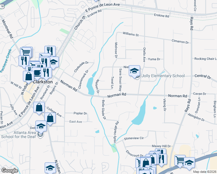map of restaurants, bars, coffee shops, grocery stores, and more near 986 Texel Lane in Clarkston