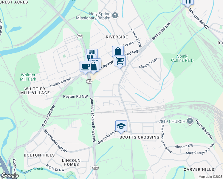 map of restaurants, bars, coffee shops, grocery stores, and more near 1952 Grandview Avenue Northwest in Atlanta